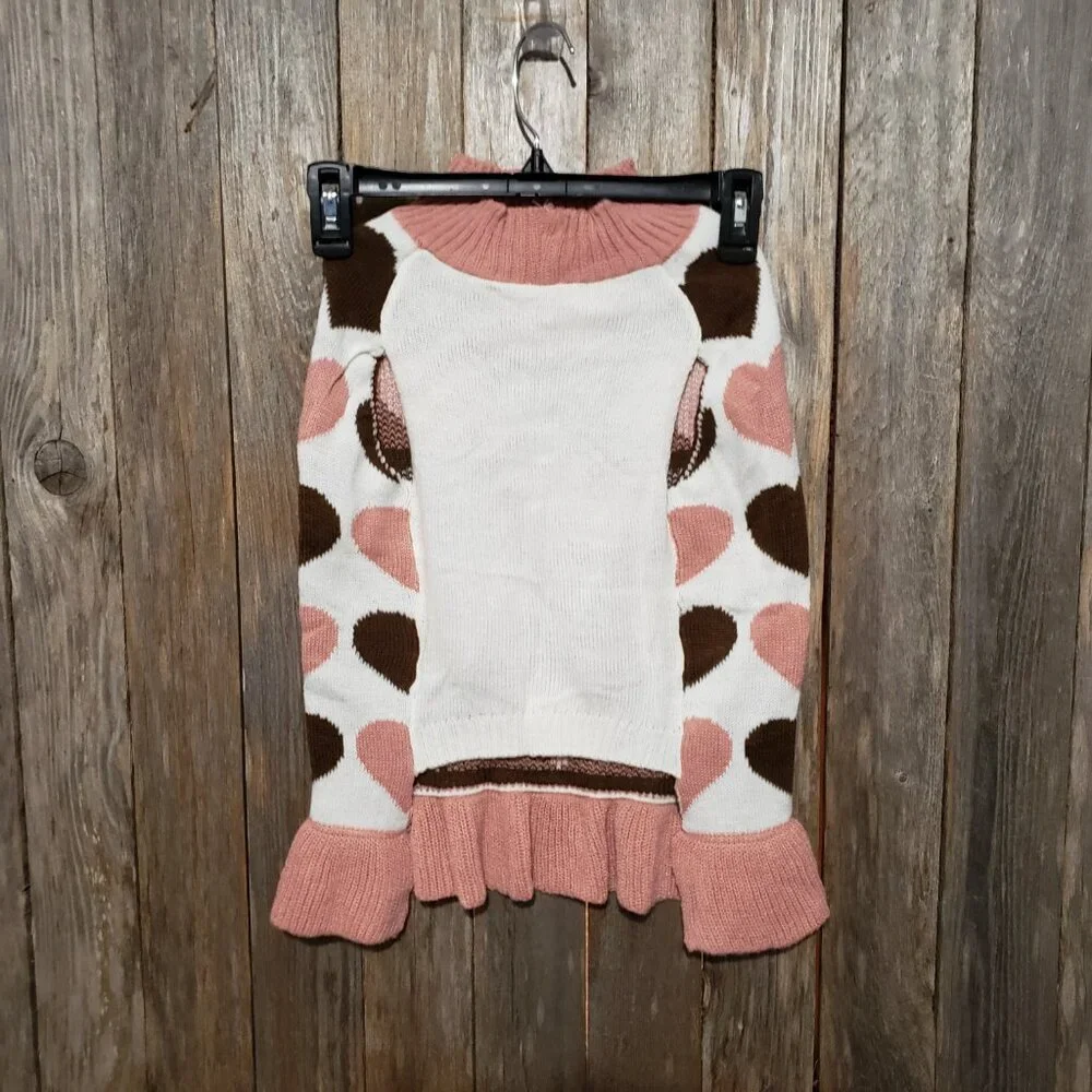 Vibrant‎ Life Dog Sweater L Hearts Ruffle Pink Brown Hearts Bow
